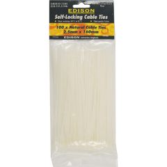 Edison - Cable Ties, Natural, 7.6mm x 200mm, Nylon, 55kgf Tensile Strength, Pawl, Pack of 100 - EDI5151300K