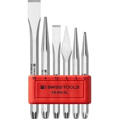 PBSwiss- Flat and Cross-Cut Chisel, Center Punch, Drift Punches, set in Practical Plastic Holder - PB 850 BL